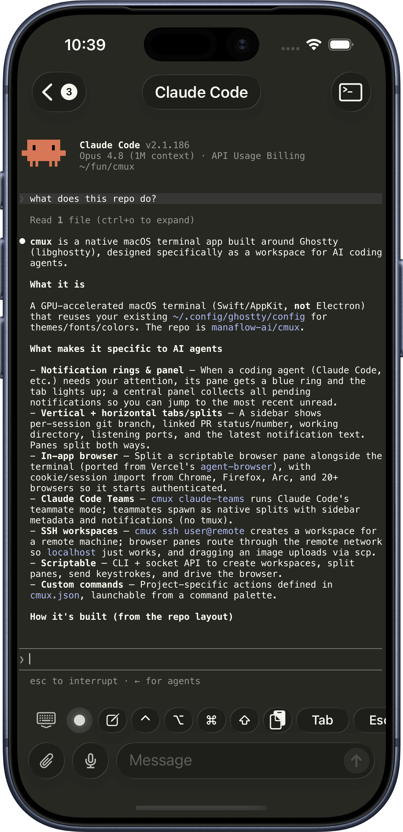 cmux iOS app showing a live agent terminal