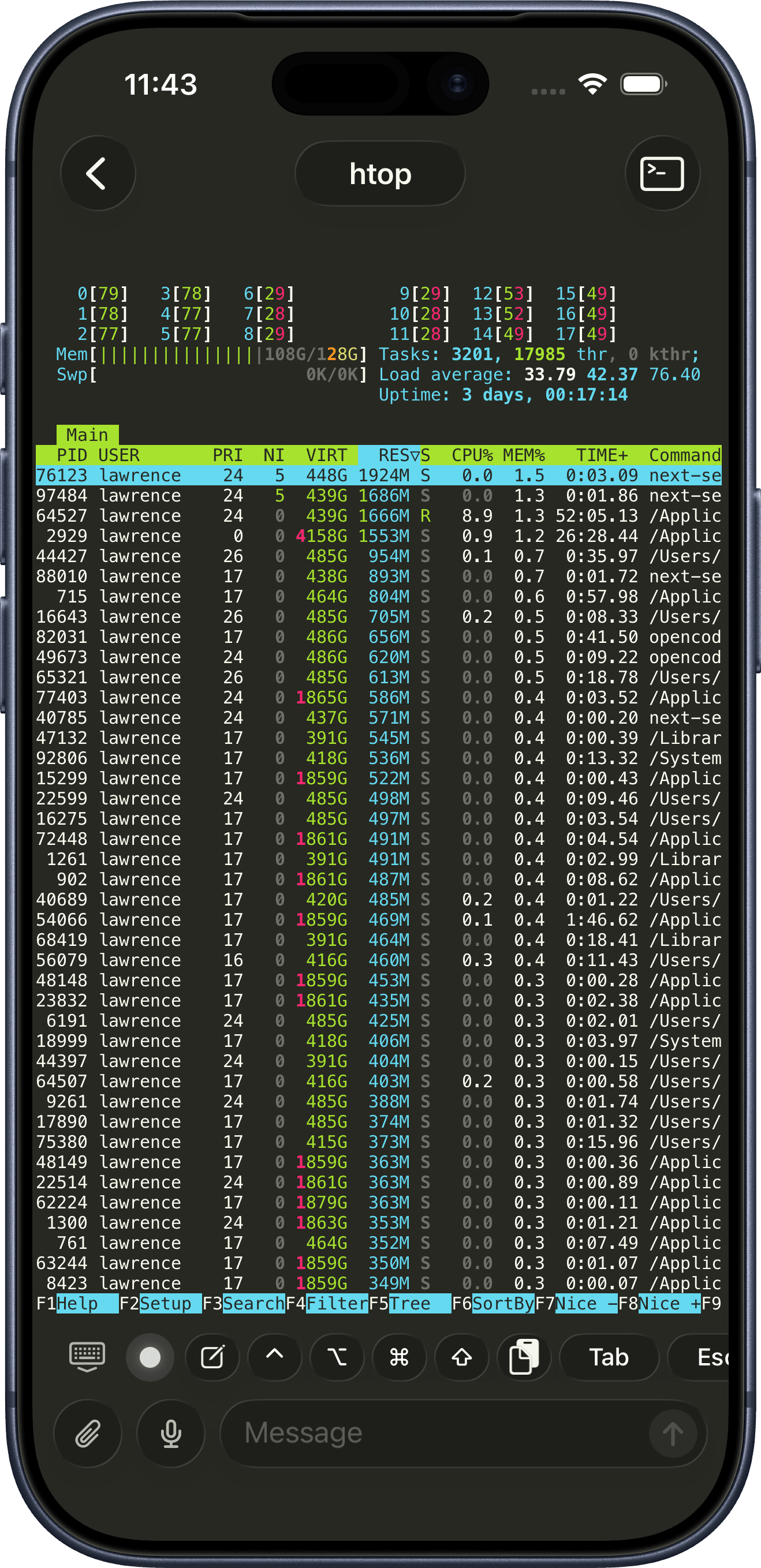 htop running in a cmux terminal on iPhone