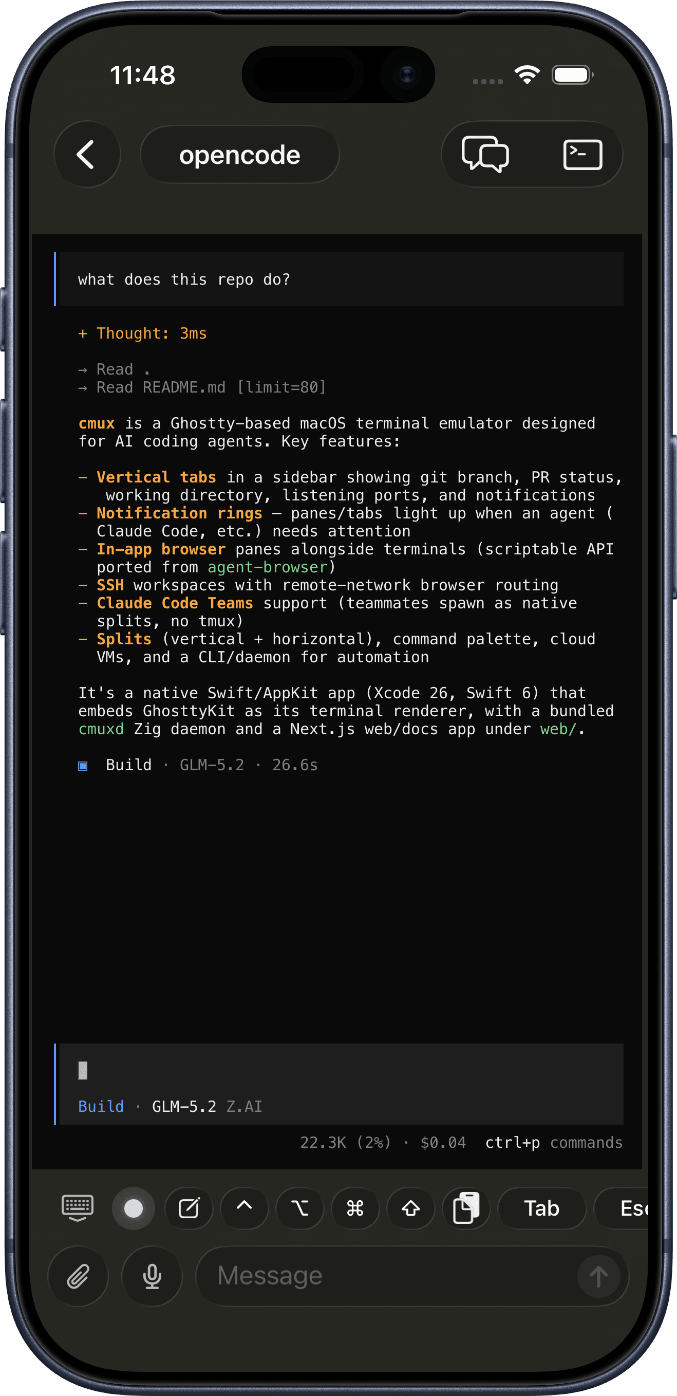 OpenCode running in a cmux terminal on iPhone