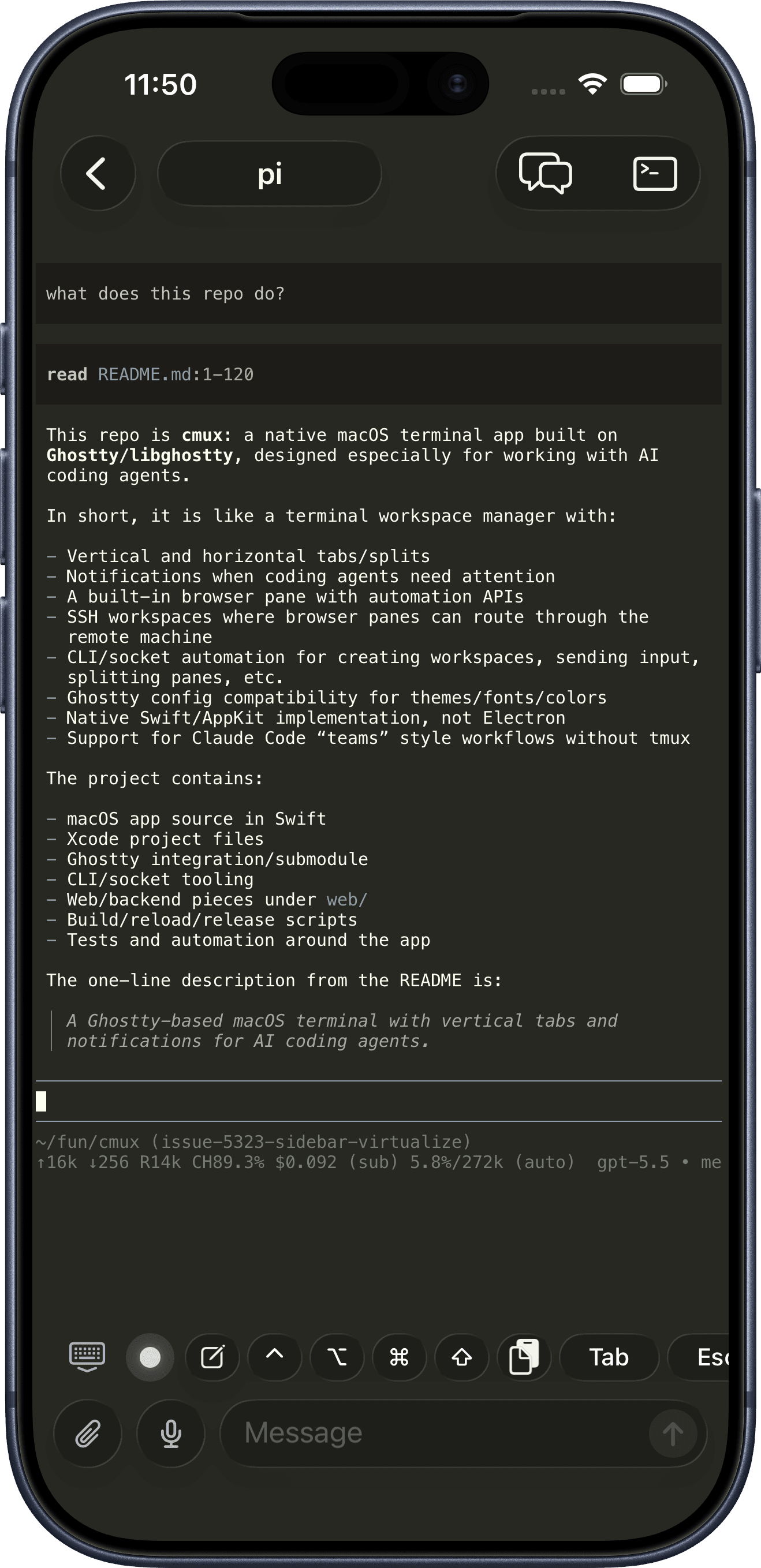 pi running in a cmux terminal on iPhone