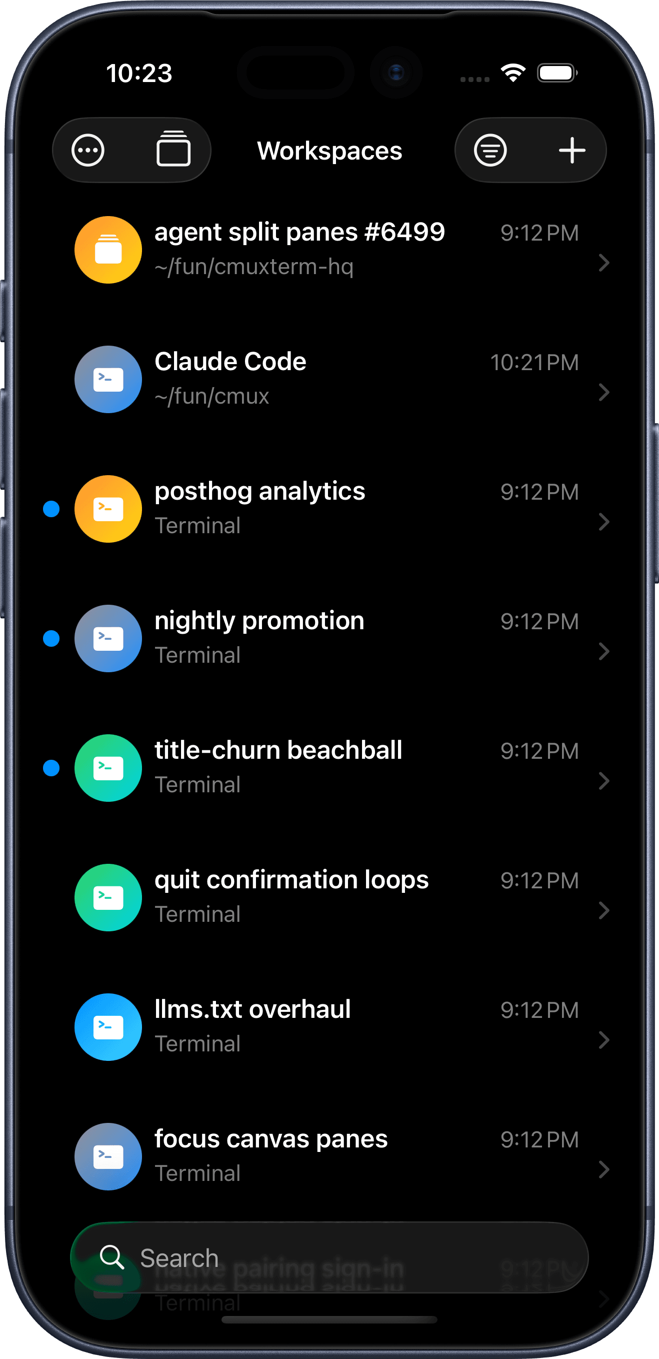 cmux iOS app showing a live agent terminal