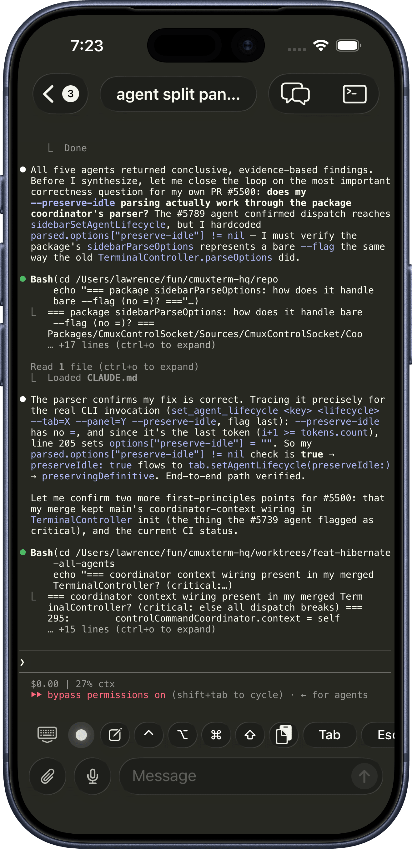 cmux iOS app mirroring a live agent terminal