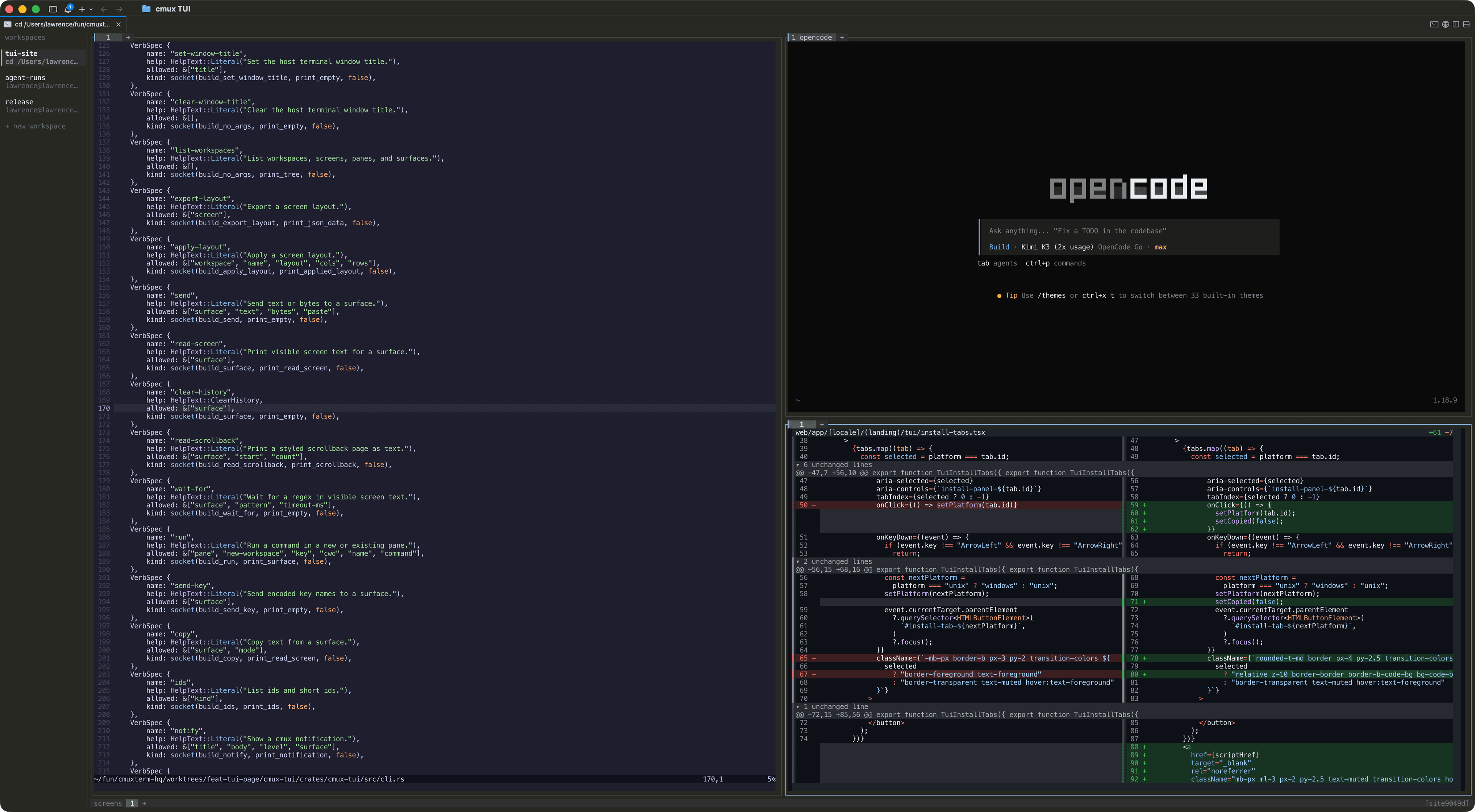cmux TUI running inside cmux on macOS with Neovim, OpenCode, and Hunk in three panes beside the TUI workspace rail